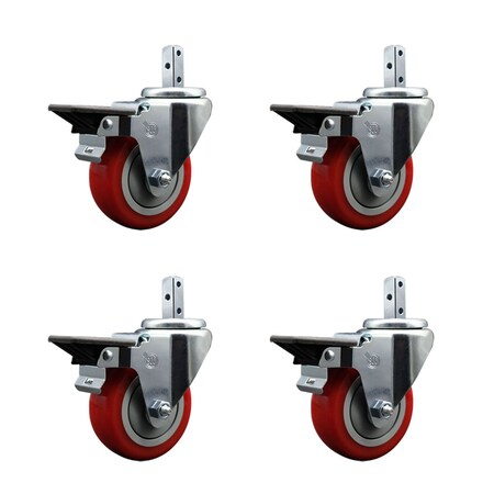 Service Caster 3.5'' Red Poly Wheel Swivel 7/8'' Square Stem Caster Set with Brake, 4PK SCC-SQ20S3514-PPUB-RED-PLB-78-4